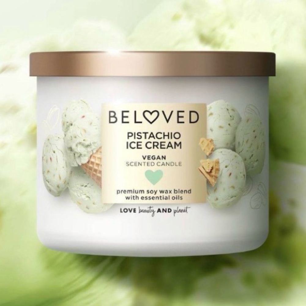 BELOVED NWT pistachio ice cream vegan scented 2 wick glass jar candle -11.5oz - Picture 2 of 5